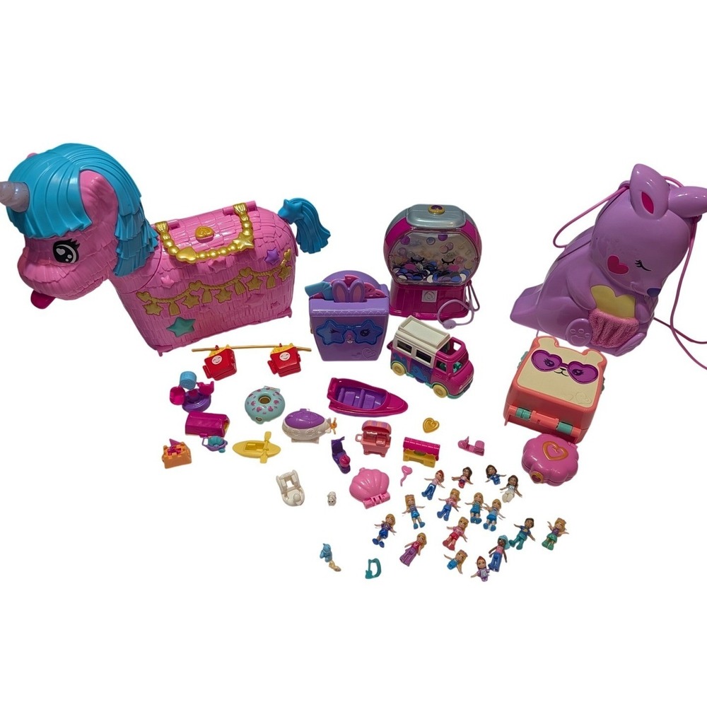 Polly Pocket 6 Compact Lot Unicorn Pinata Kangaroo Gumball Toast +Dolls